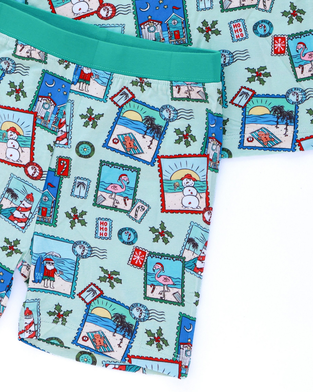 Green Coastal Postcards Christmas Kids Short Pajama Set
