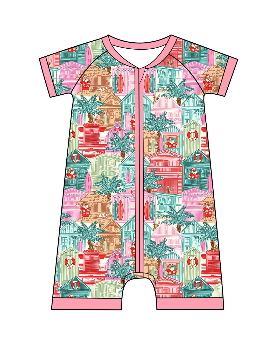 Pink Beach Huts Coastal Christmas Baby Shortie Pajamas