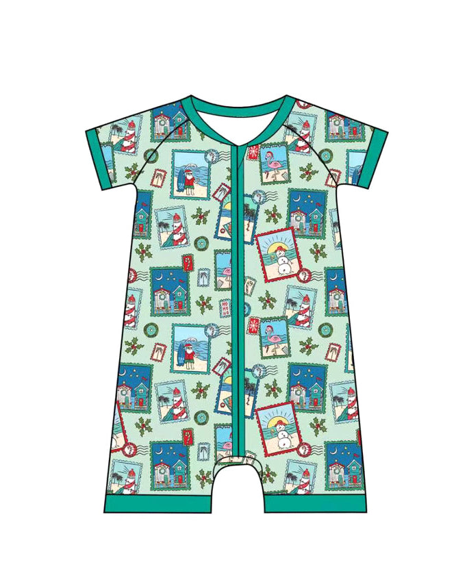 Green Coastal Postcards Christmas Baby Shortie Pajamas
