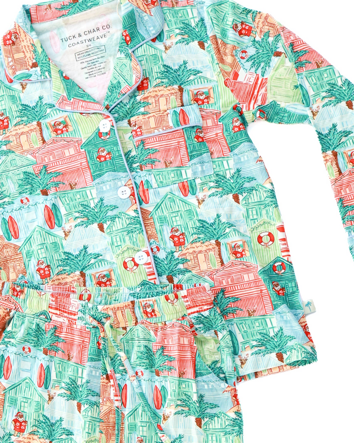 Blue Beach Huts Coastal Christmas Kids Unisex Button Down Pajama Set