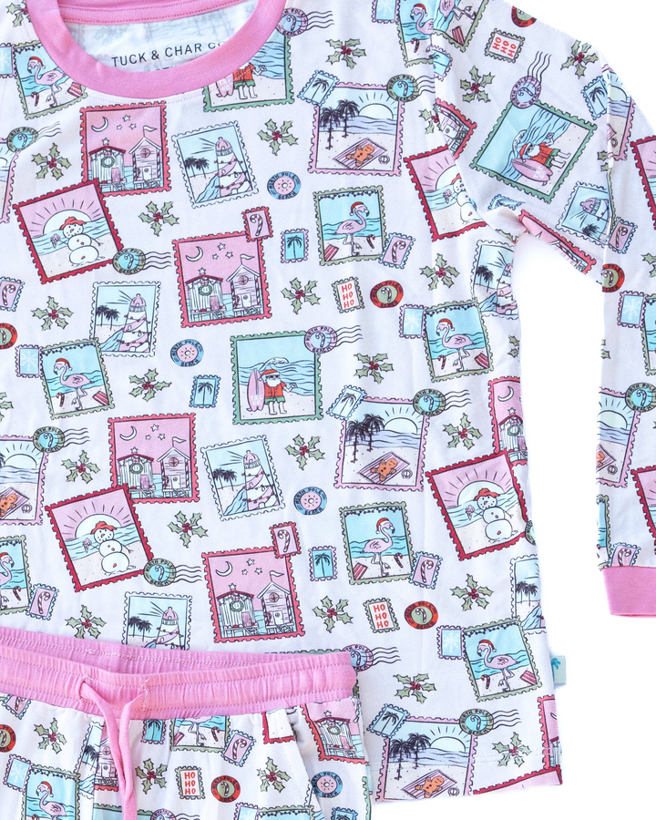 Pink Coastal Postcards Christmas Kids Unisex Jogger Pajama Set