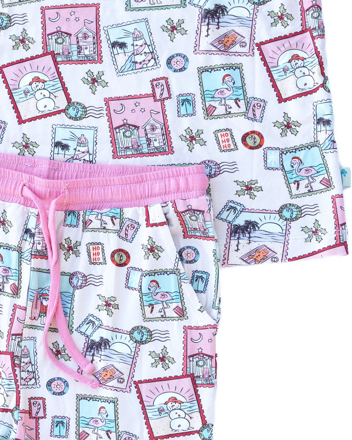 Pink Coastal Postcards Christmas Kids Unisex Jogger Pajama Set
