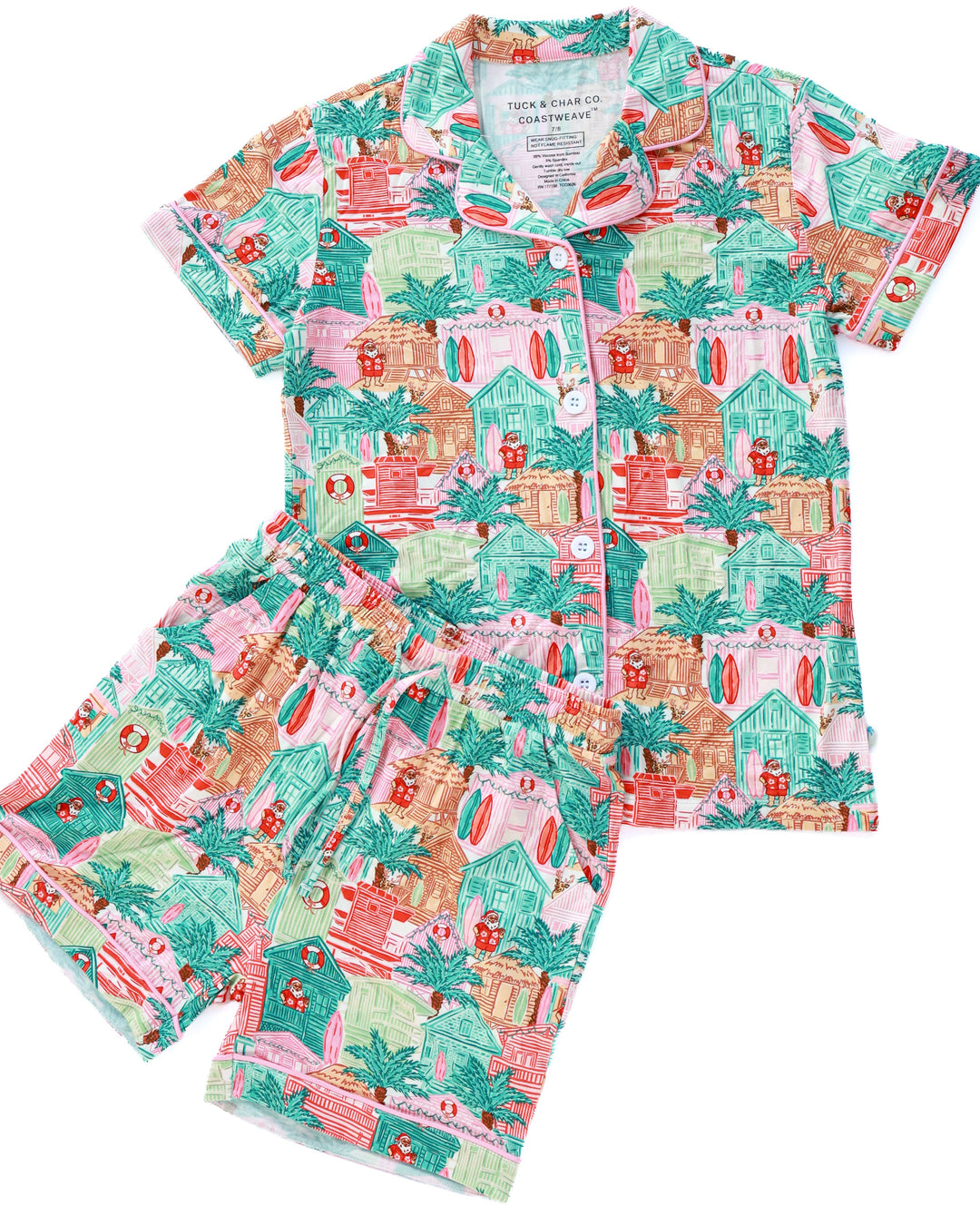 Pink Beach Huts Coastal Christmas Girls Button Down Short Pajama Set