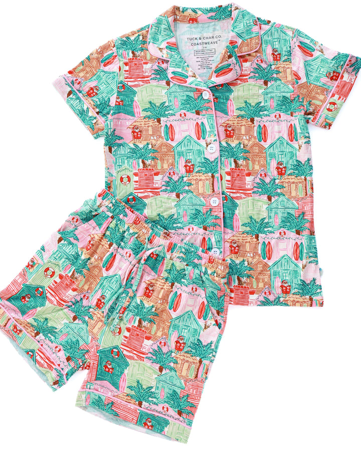 Pink Beach Huts Coastal Christmas Girls Button Down Short Pajama Set