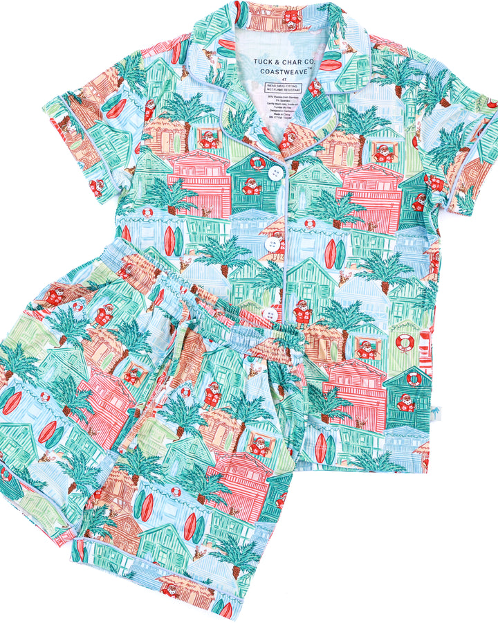 Blue Beach Huts Coastal Christmas Girls Button Down Short Pajama Set