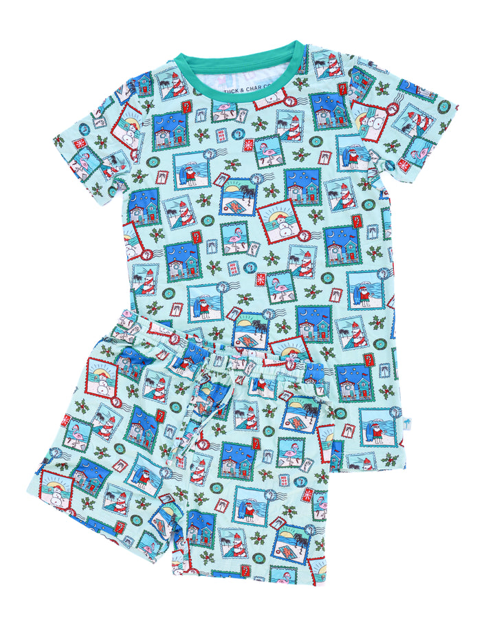 Green Coastal Postcards Christmas Boys Short Pajama Set