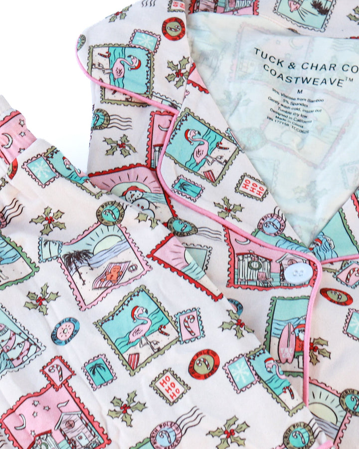 Pink Coastal Postcards Christmas Women’s Button-Up Short Pajama Set