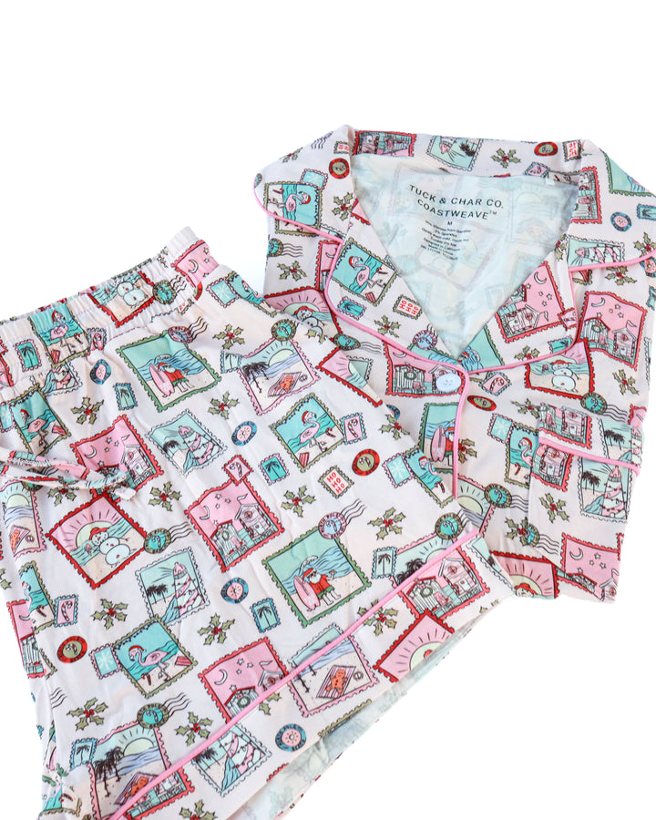 Pink Coastal Postcards Christmas Women’s Button-Up Short Pajama Set