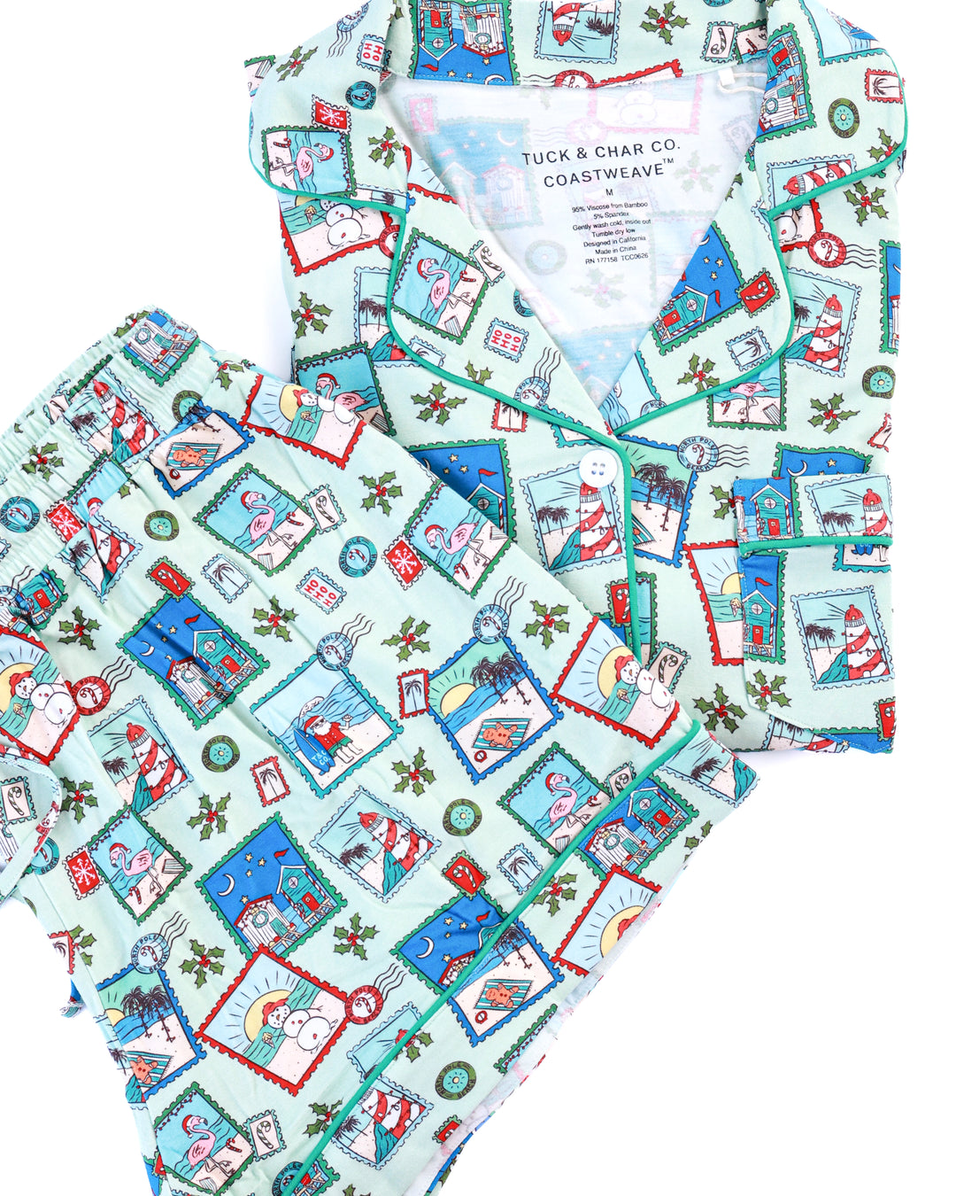 Green Coastal Postcards Christmas Women’s Button-Up Short Pajama Set