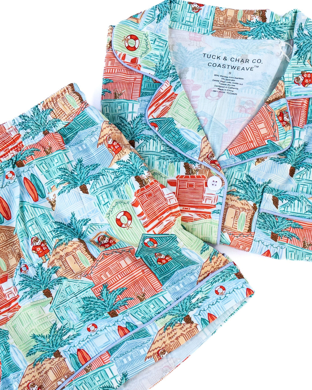 Blue Beach Huts Coastal Christmas Women’s Button-Up Short Pajama Set