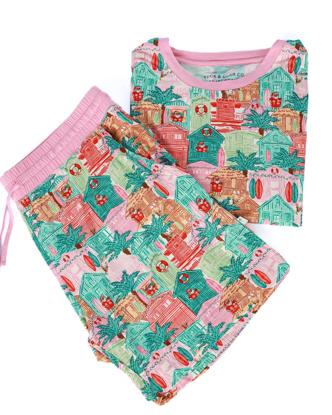 Pink Beach Huts Coastal Christmas Men’s Short Pajama Set