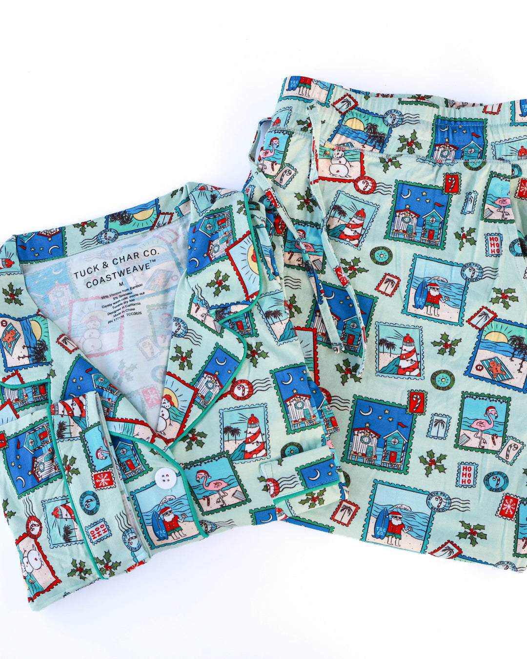 Green Coastal Postcards Christmas Adult Unisex Button-Down Pajama Set