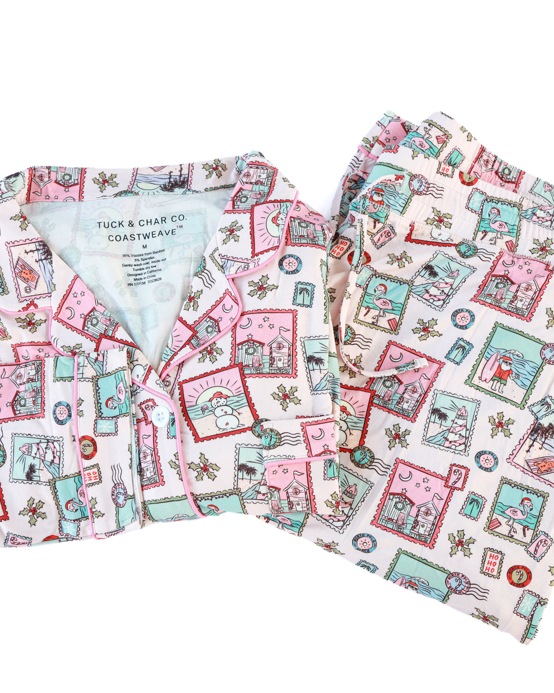 Pink Coastal Postcards Christmas Adult Unisex Button-Down Pajama Set