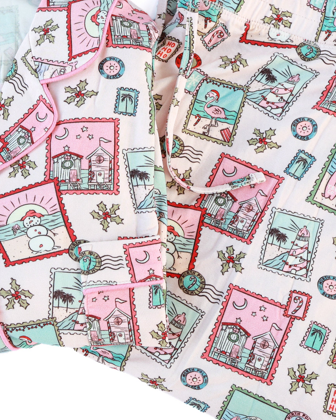 Pink Coastal Postcards Christmas Adult Unisex Button-Down Pajama Set