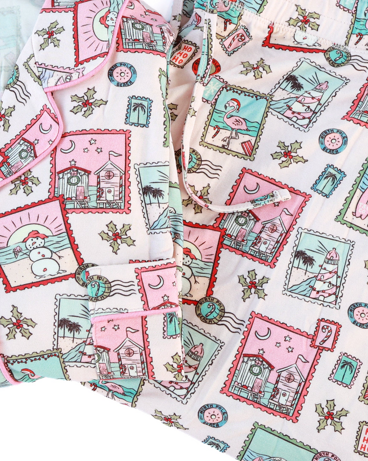 Pink Coastal Postcards Christmas Adult Unisex Button-Down Pajama Set
