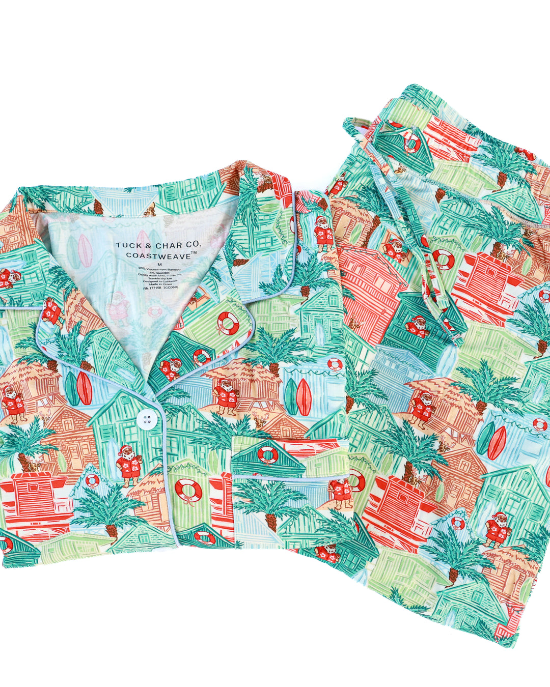 Blue Beach Huts Coastal Christmas Adult Unisex Button-Down Pajama Set