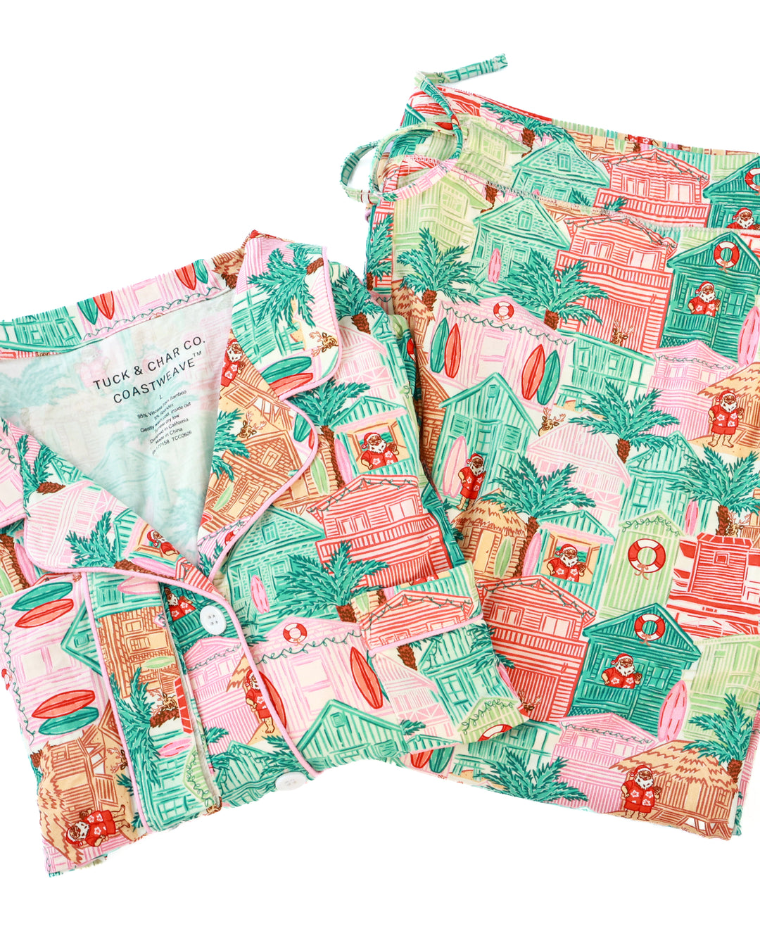 Pink Beach Huts Coastal Christmas Adult Unisex Button-Down Pajama Set