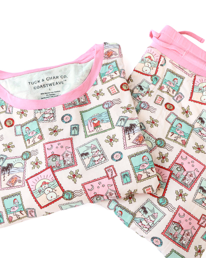 Pink Coastal Postcards Christmas Adult Unisex Jogger Pajama Set