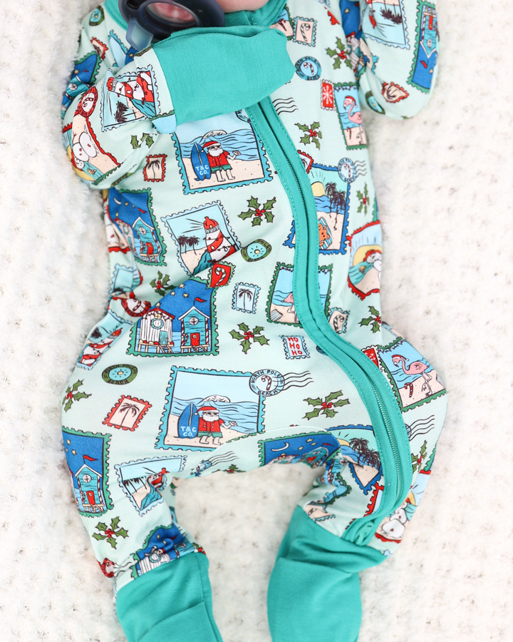 Green Coastal Postcards Christmas Baby Zippy Pajamas