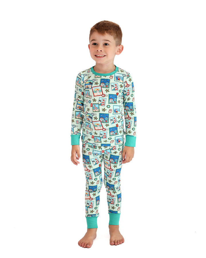 Green Coastal Postcards Christmas Kids Pajama Set