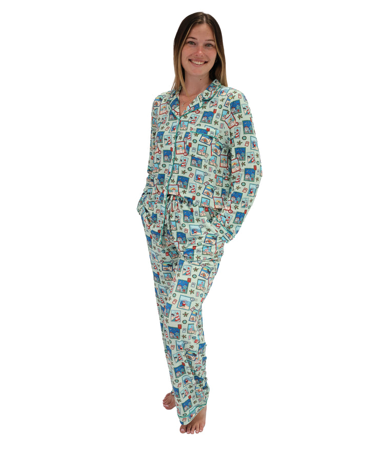 Green Coastal Postcards Christmas Adult Unisex Button-Down Pajama Set