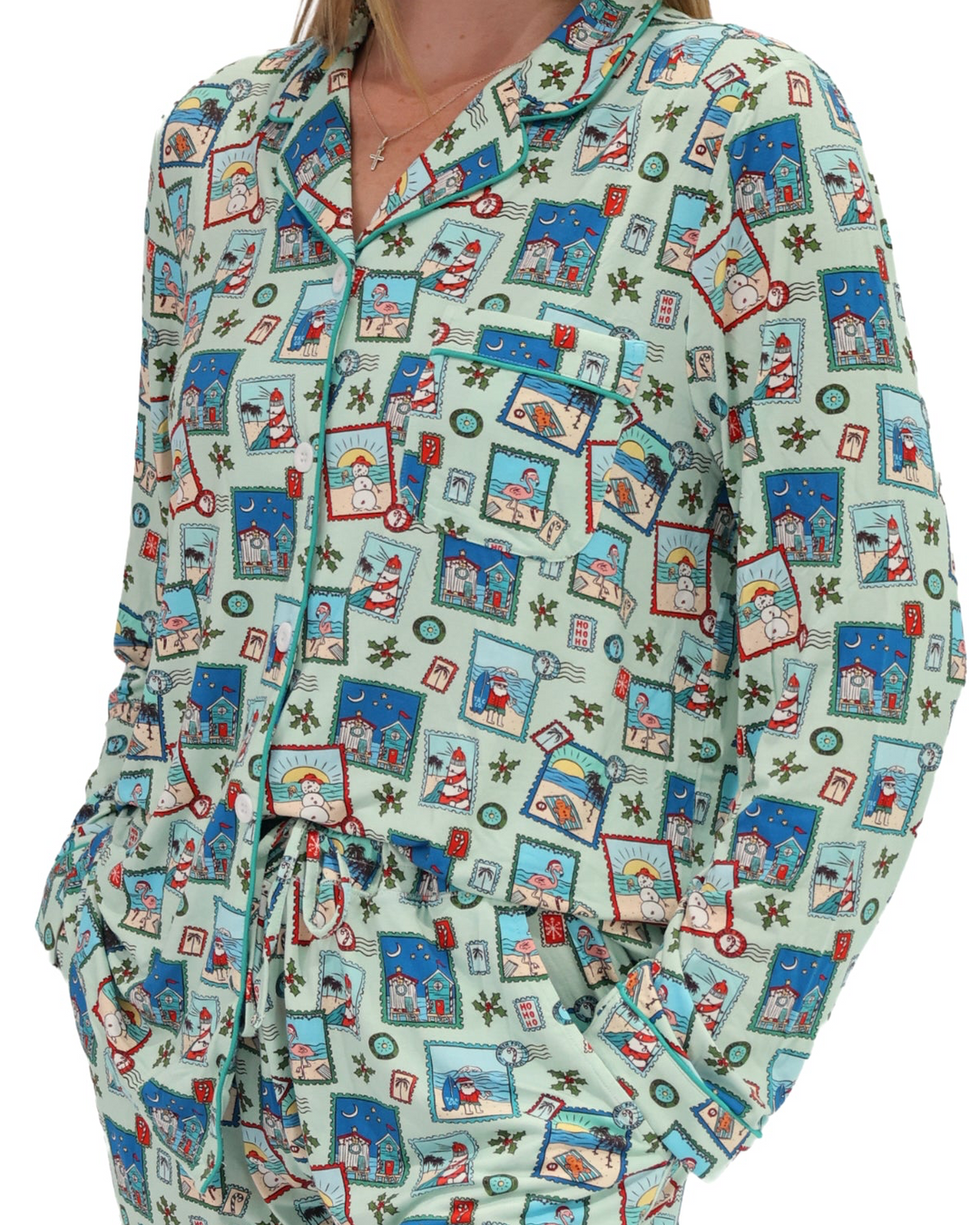 Green Coastal Postcards Christmas Adult Unisex Button-Down Pajama Set