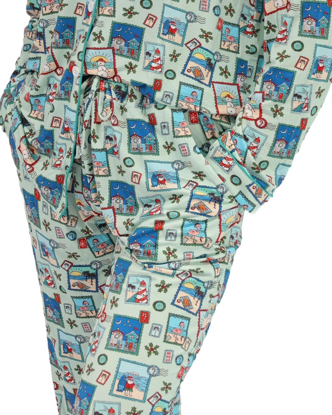 Green Coastal Postcards Christmas Adult Unisex Button-Down Pajama Set