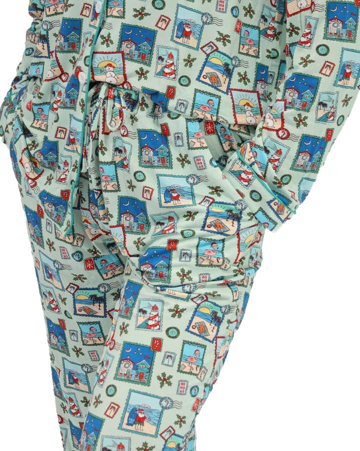 Green Coastal Postcards Christmas Adult Unisex Button-Down Pajama Set