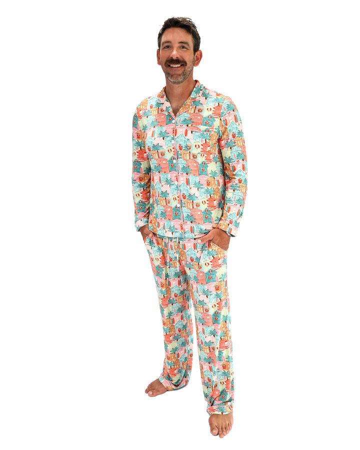 Pink Beach Huts Coastal Christmas Adult Unisex Button-Down Pajama Set