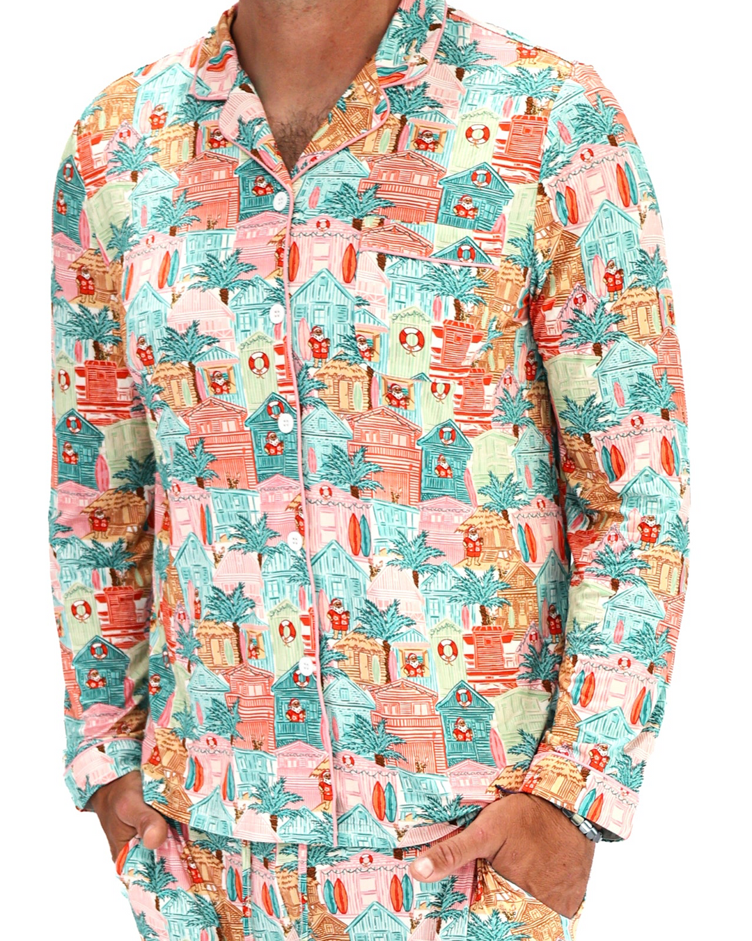 Pink Beach Huts Coastal Christmas Adult Unisex Button-Down Pajama Set