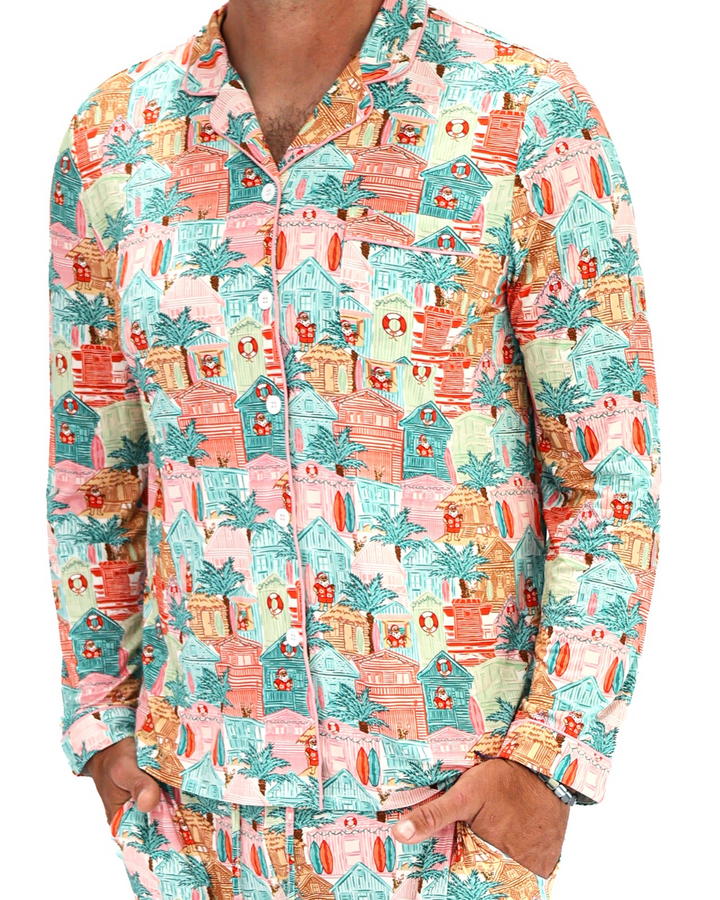 Pink Beach Huts Coastal Christmas Adult Unisex Button-Down Pajama Set