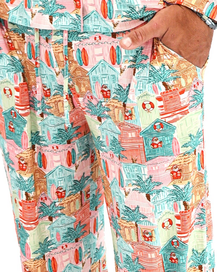 Pink Beach Huts Coastal Christmas Adult Unisex Button-Down Pajama Set