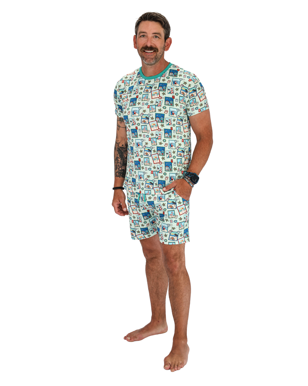 Green Coastal Postcards Christmas Men’s Short Pajama Set