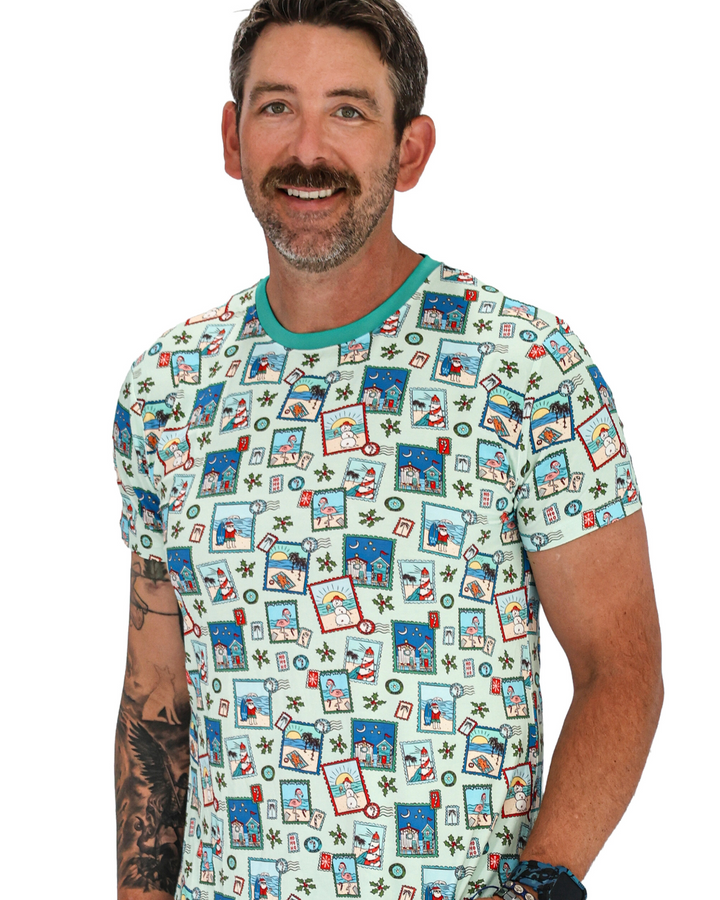 Green Coastal Postcards Christmas Men’s Short Pajama Set