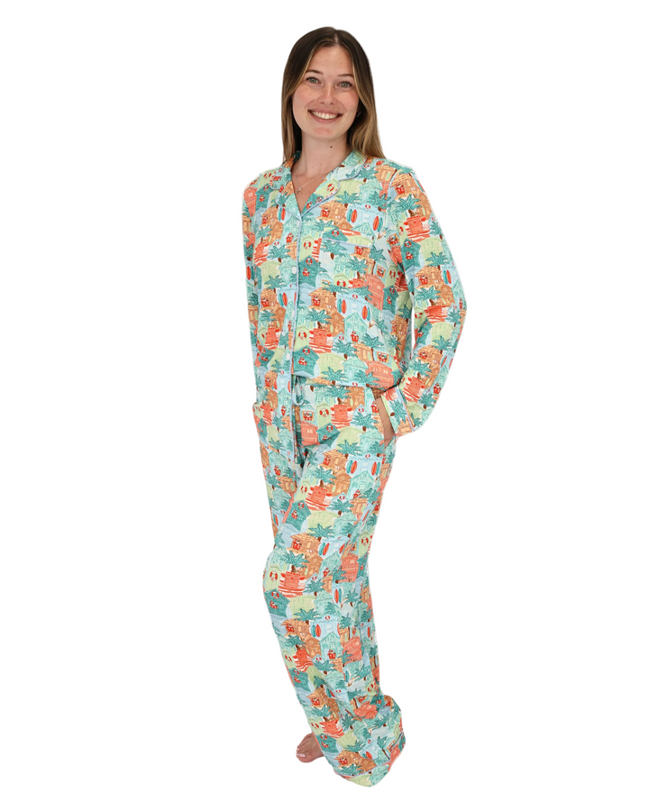 Blue Beach Huts Coastal Christmas Adult Unisex Button-Down Pajama Set
