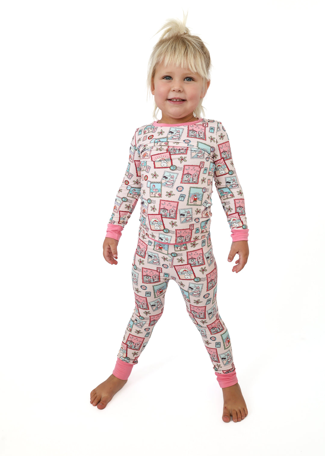Pink Coastal Postcards Christmas Kids Pajama Set