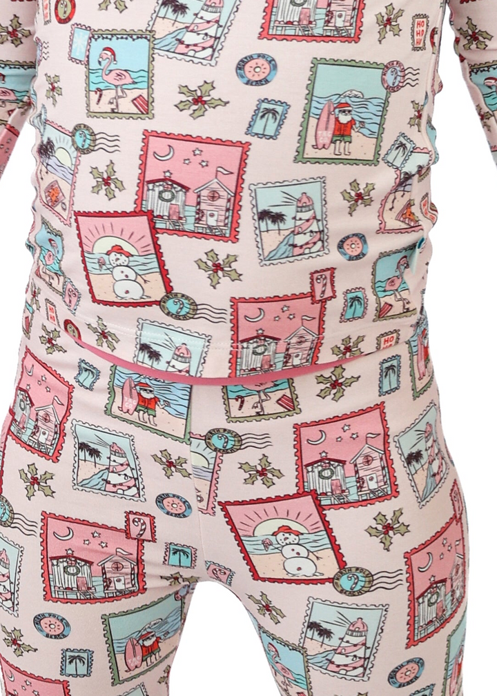 Pink Coastal Postcards Christmas Kids Pajama Set