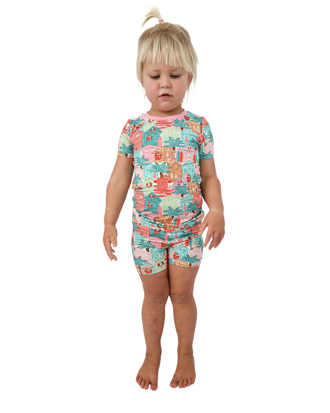 Pink Beach Huts Coastal Christmas Kids Short Pajama Set