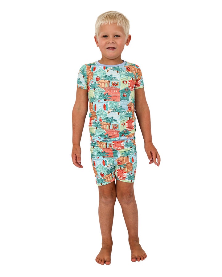 Blue Beach Huts Coastal Christmas Kids Short Pajama Set