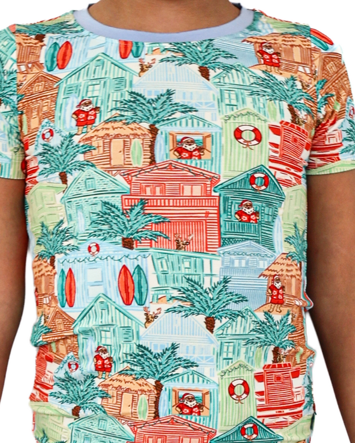 Blue Beach Huts Coastal Christmas Kids Short Pajama Set