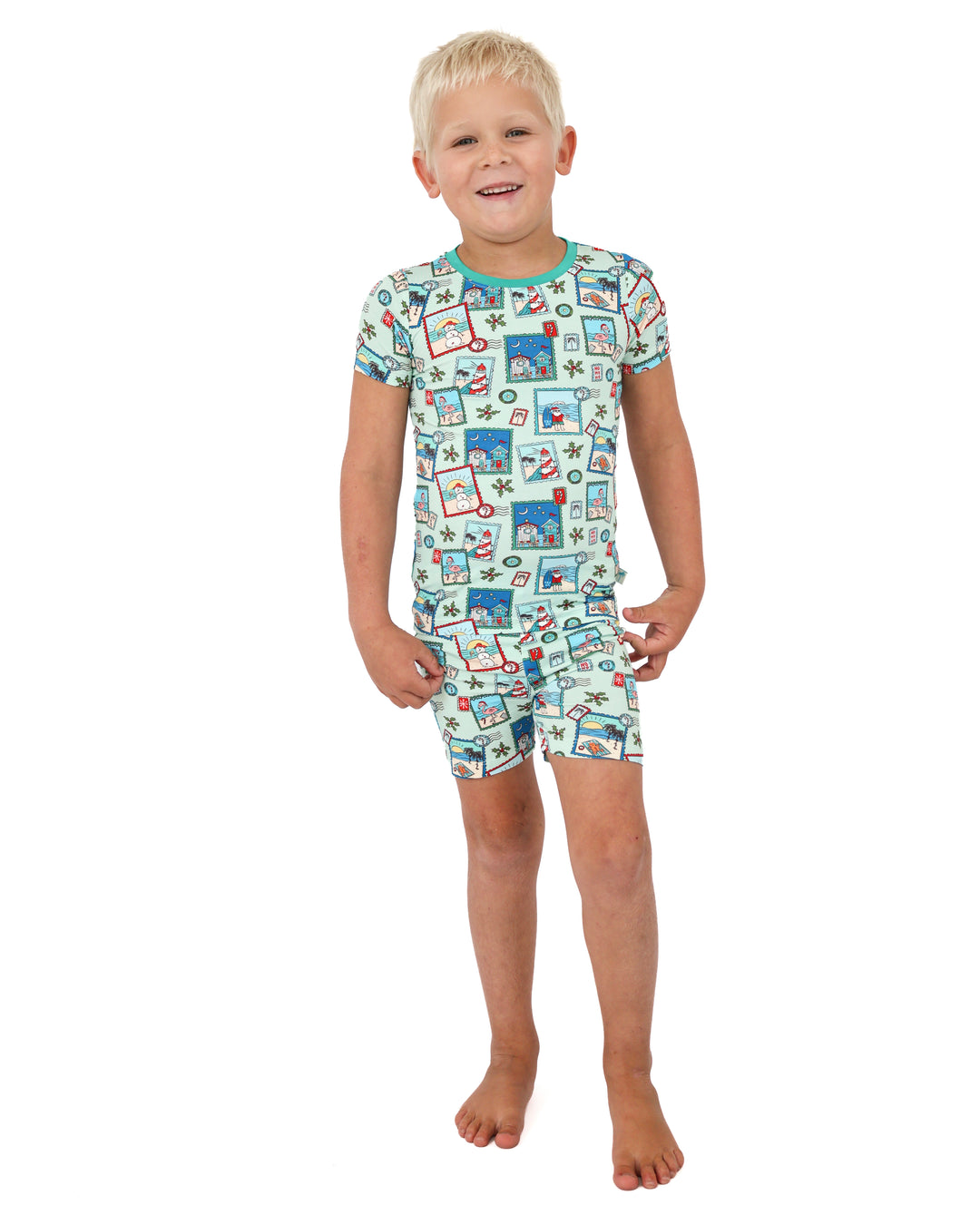 Green Coastal Postcards Christmas Kids Short Pajama Set