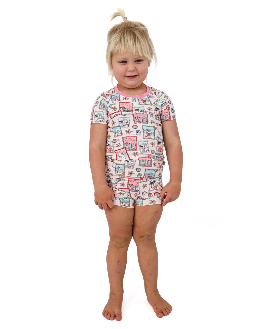 Pink Coastal Postcards Christmas Kids Short Pajama Set