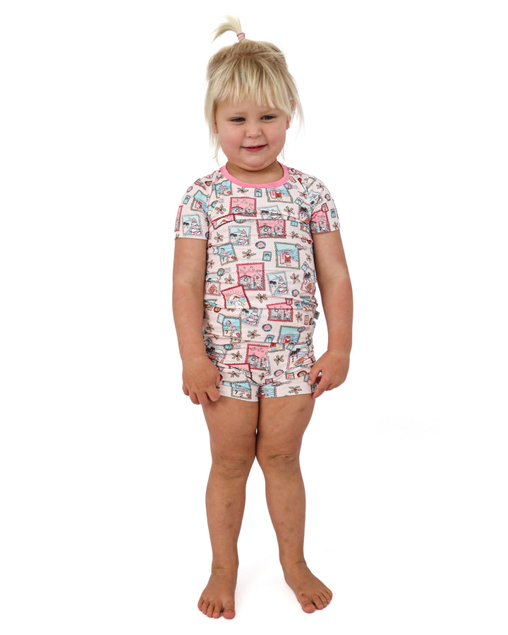 Pink Coastal Postcards Christmas Kids Short Pajama Set