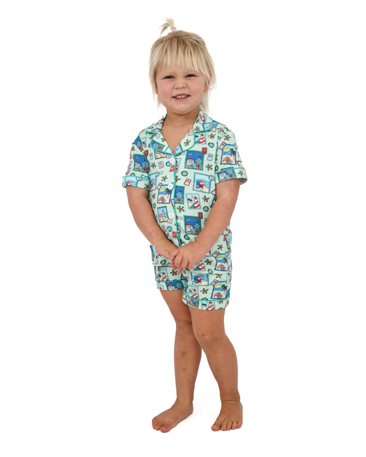 Green Coastal Postcards Christmas Girls Button Down Short Pajama Set