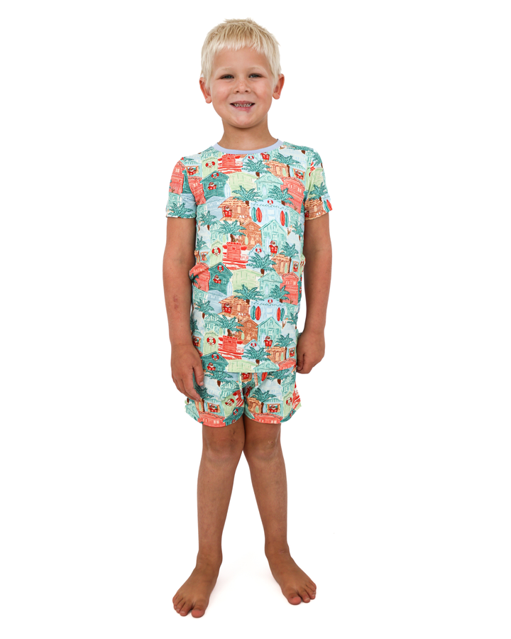 Blue Beach Huts Coastal Christmas Boys Short Pajama Set