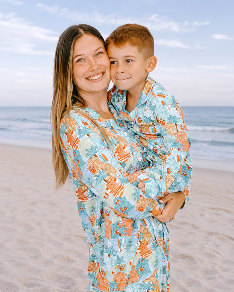 Blue Beach Huts Adult Unisex Button-Down Pajama Set - Tuck & Char Co.