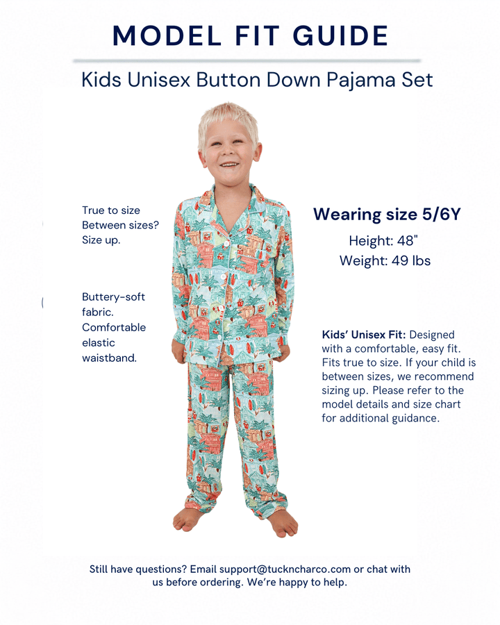 Blue Beach Huts Kids Unisex Button Down Pajama Set - Tuck &amp; Char Co.