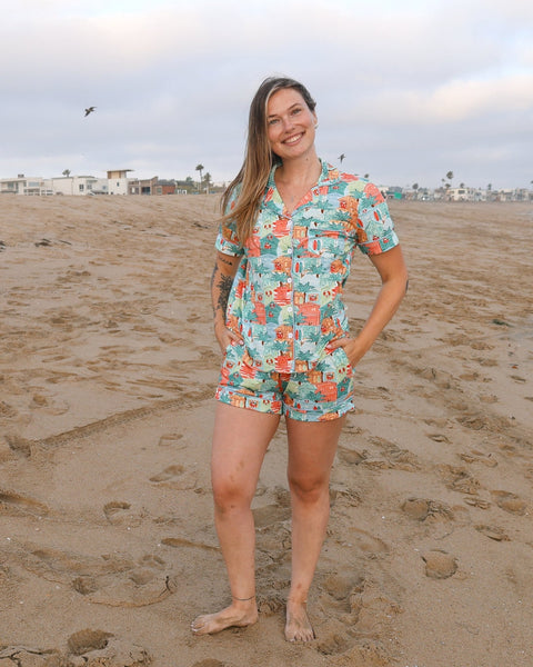 Blue Beach Huts Women's Button-Up Short Pajama Set - Tuck & Char Co.