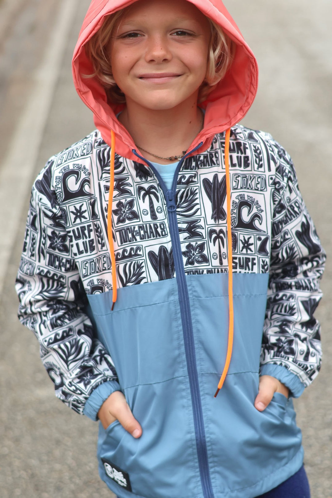Boys All-Weather Surf Jacket — Blue | Coral - Tuck & Char Co.