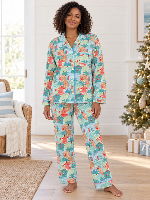 Blue Beach Huts Adult Unisex Button-Down Pajama Set